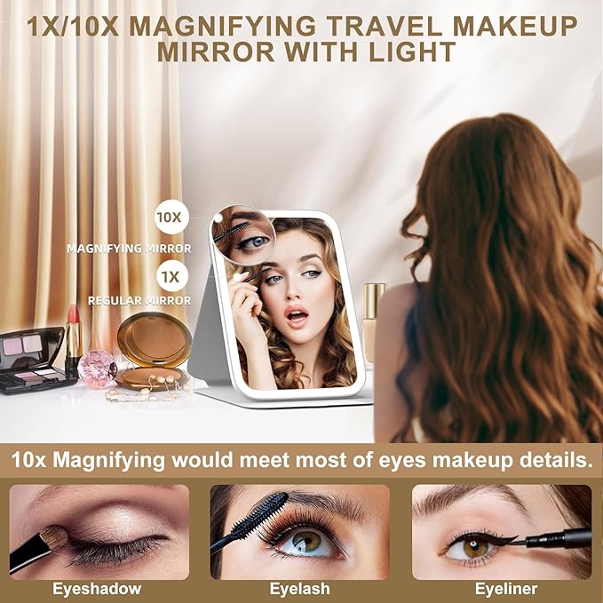 Mocado Travel Makeup Mirro with Lights, 360° Rotation Lighted Makeup Mirror, Portable Mirror with 10x Magnification, 3 Color Lightings, Dimmable Touch Screen, Tabletop Light up(Sun Daisy)