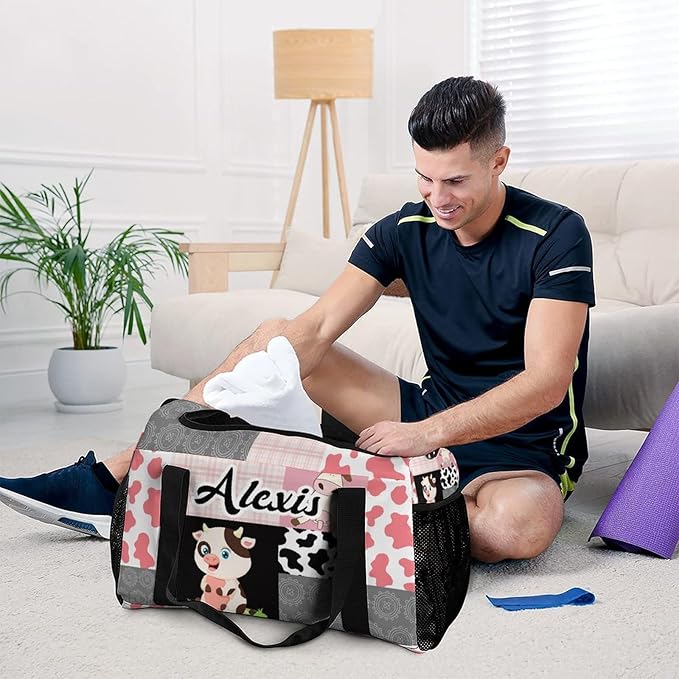Personalized Pink Grey Patchwork Cow Print Duffle Bag with Adjustable Shoulder Strap Tote Bag for Women Man Workouts Custom Travel Perform Bag