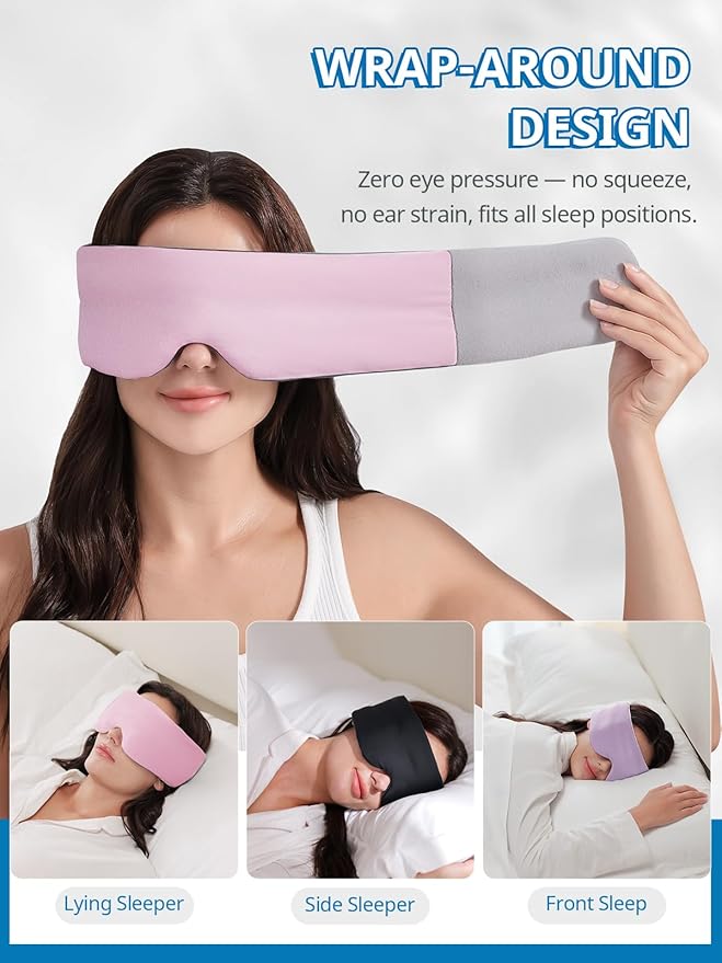 Sleep Mask, Eye Masks for Sleep, Dual-Side Blackout Eye Covers for Side Sleeper, No Velcro Wide Strap, Adjustable Band, Pressure-Free, Wrapped Around, for Women/Men/Nap/Travel/Yoga - Black