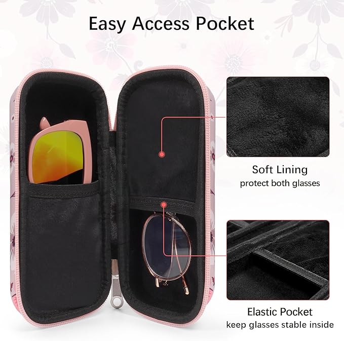 Double Eyeglasses Case Hard Shell Dual Sunglasses Organizer with Zipper Closure Travel Eyewear Storage for Vehicle