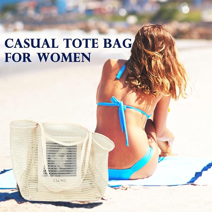 Mesh Beach Bag, Large Beach Tote with Zipper Pocket, Toys Pool Bag for Family Travel Vacation Cruise Essentials
