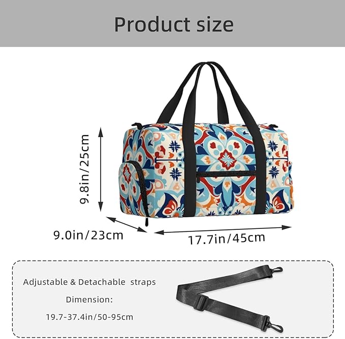 Sports Gym Bag Ethnic Ceramic Tile Mandala Patchwork Travel Duffel Bag With Shoe Compartment Shoulder Strap, Lightweight Water-Resistant Weekend Overnight Totes For Women Men