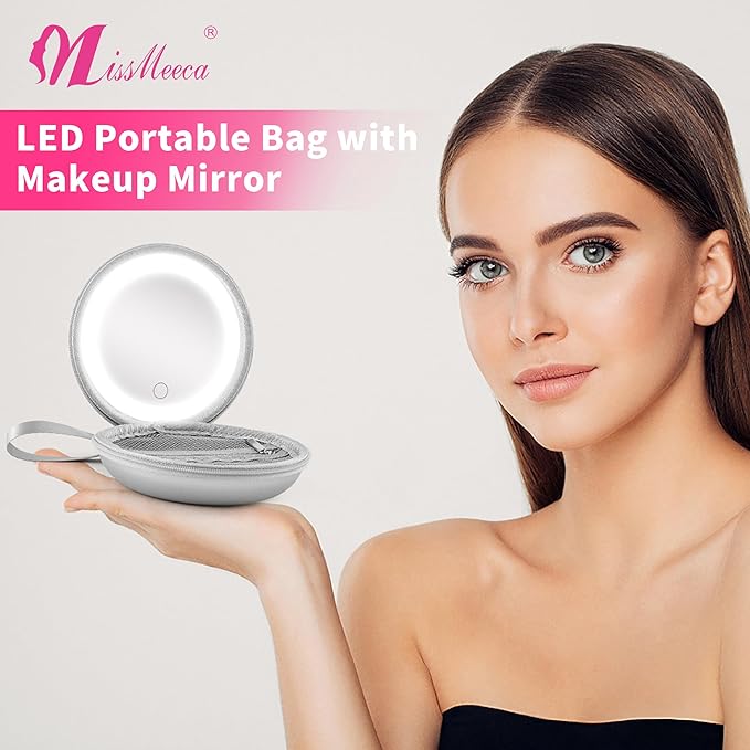 LED Makeup Mirror with Storage Pouch Portable Lighted Mirror, USB Rechargeable Travel Vanity Mirror with Waterproof Bag, 3 Color Modes, Gift for Women (Silver)