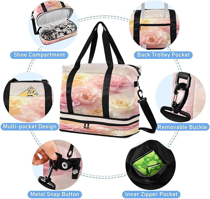 Travel Duffel Bags for Women Watercolor Roses Sports Duffel Bags Gym Bags with Shoes Compartment Tote Bag Weekender Bag for Travelling