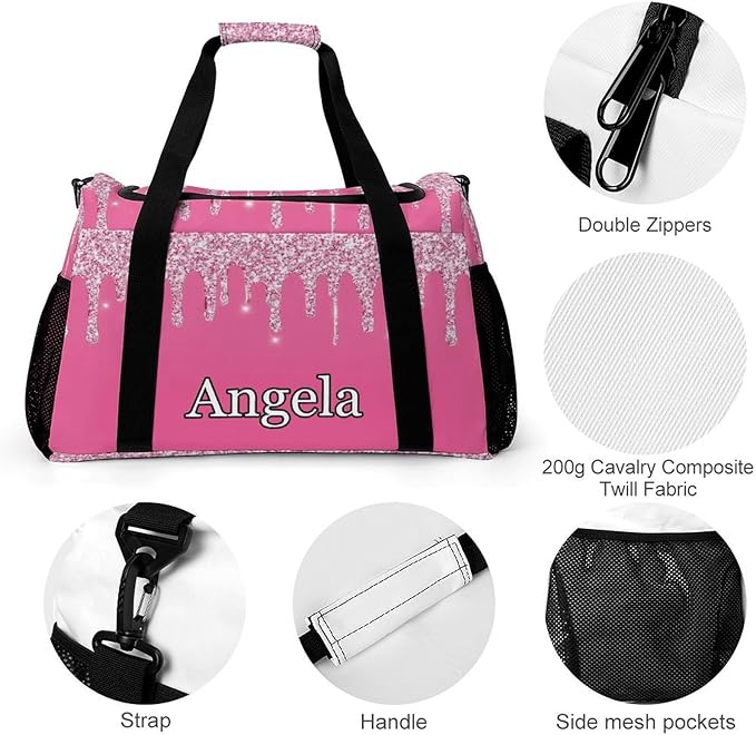 Pink Bling Print Personalized Duffle Travel Bag Custom Duffel Bag with Printed Sports Bag with Name Weekend Overnight