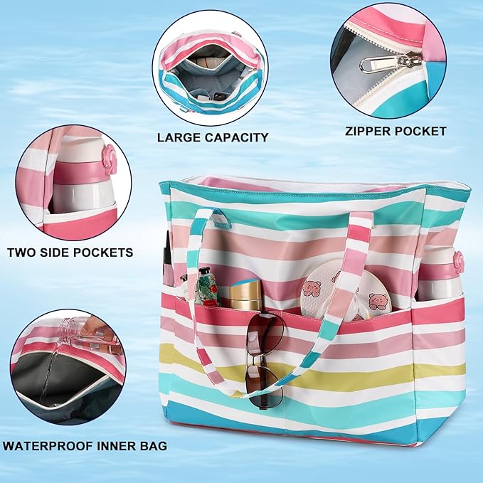 LEDAOU Beach Bag Waterproof Sandproof Women Beach Tote Pool Bag with Zipper for Swim Gym Grocery Travel with Wet Pocket | Sandproof, with Zipper, for Gym, Grocery, Travel, with Wet Pocket