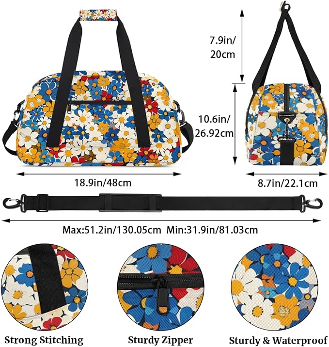 Flower Floral Gym Travel Duffle Bag for Women & Men with Front Zipper Pocket for Sports, Overnight, Weekender, Carry On,Workout & Dance Bag,Cute Blue Red White Yellow,18.9 * 8.7 * 10.6 in