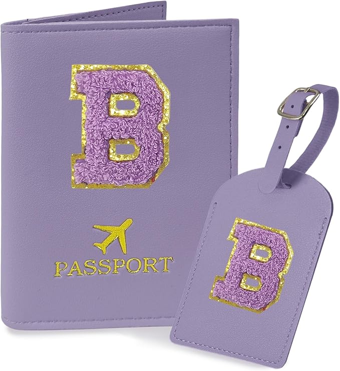 COSHAYSOO Initial Passport Cover Luggage Tag Set Letter Passport Holder Airplane Cruise Travel Essentials Vacation Traveling Accessories Personalized Gifts for Women Teen College Girls Purple B
