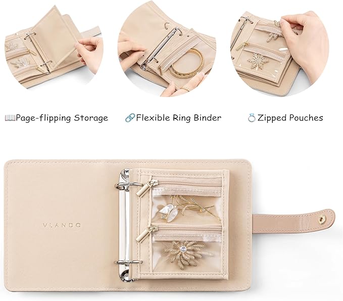 Vlando Small Jewelry Book Organizer - Leather Travel Jewelry Case with 5 Detachable Pages for Necklaces, Rings, Earrings, Tangle-Free, Giftable, Offwhite