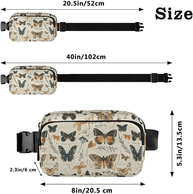 Vintage Butterflies Fanny Pack for Women Men Water Resistant Fashion Waist Packs with Adjustable Strap Belt Bag for Travel Workout Jogging Hiking 21219210
