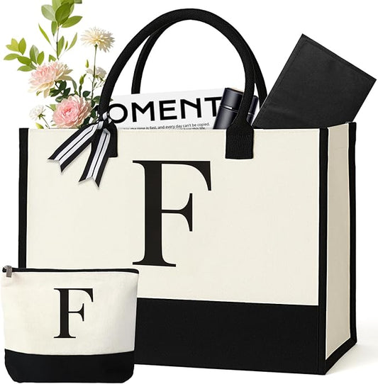 Personalized Canvas Tote Bag for Women Makeup Pouch Initial Beach Bag Removable Bottom Board for Travel Birthday