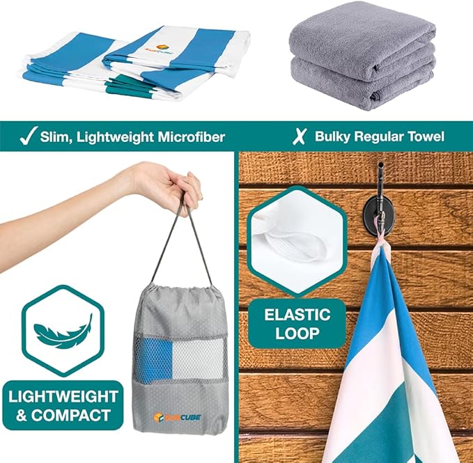 SUN CUBE Microfiber Beach Towel, Quick Dry Sand Free Beach Towel, Lightweight Compact Travel Swim Towel for Pool, Camping, Sand Resistant Packable Adult Towel- Blue 60x30 Inches
