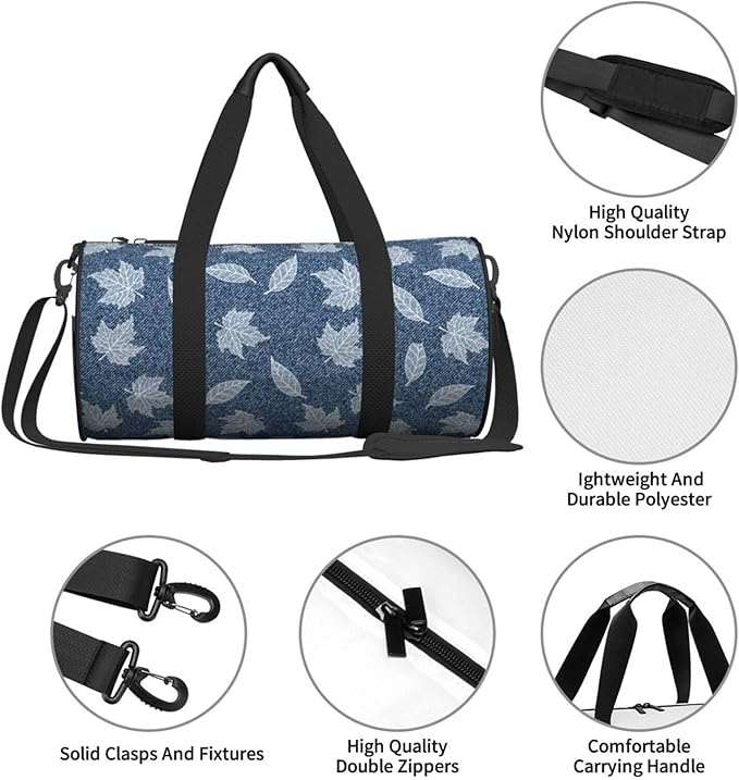 Elegant Maple Leaf Denim for Duffle Bag, Waterproof Large Duffle Bag, Weekender Bag, Gym Bag, Sports Bag, Overnight Bag