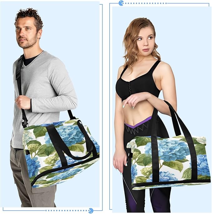 Travel Duffel Bags for Women Watercolor Hydrangea Floral Sports Duffel Bags Gym Bags with Shoes Compartment Tote Bag Weekender Bag for Travelling