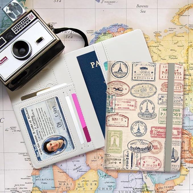 PU Leather Passport Holder Cover 5.9×4.3 Inch with Credit Card Slot and Boarding Pass Slot Combo Blocking Passport Holder Wallet Cover Case for Travel Boarding Essentials (Travel Stamp)