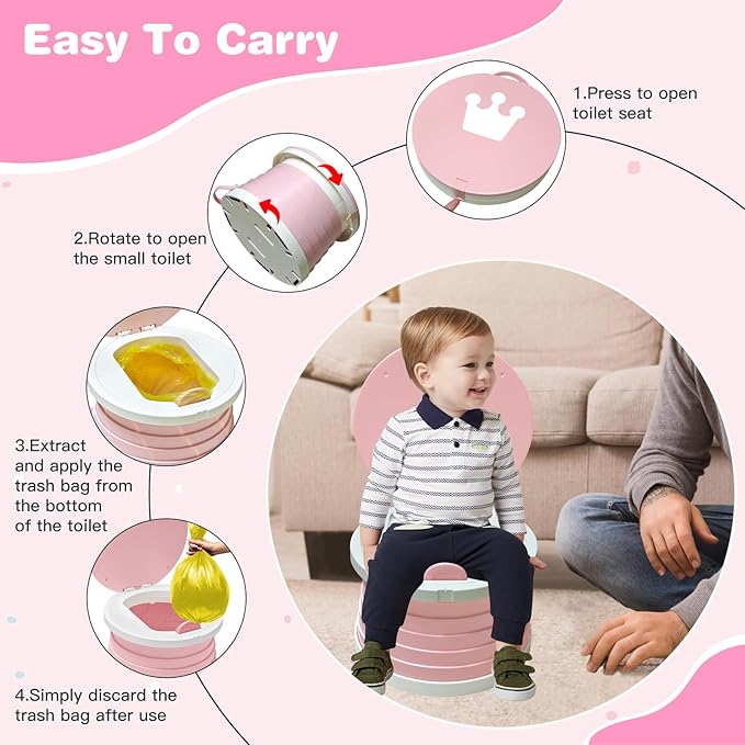 2026 Upgraded Portable Potty Chair for Toddlers with Splash-Proof Design, Foldable Travel Potty with Bag & 30 Refills - Kids Toilet for Car, Camping, Indoor - Easy Clean Baby Potty Training Seat(Pink)