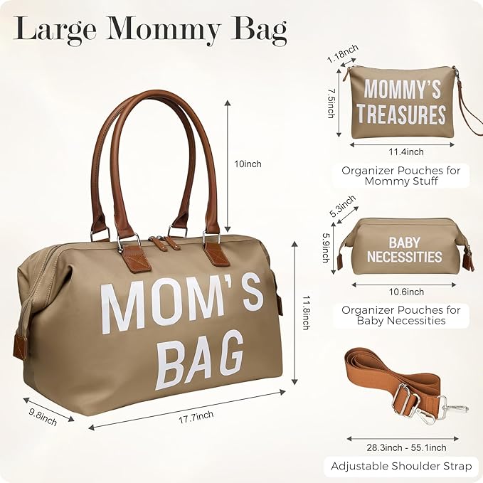 printe Mom‘s Bag, Hospital Bag for Labor and Delivery, Large Mom's Diaper Tote for Mom Travel, Waterproof Baby Handbag with 2 Organizer Pouches, Khaki
