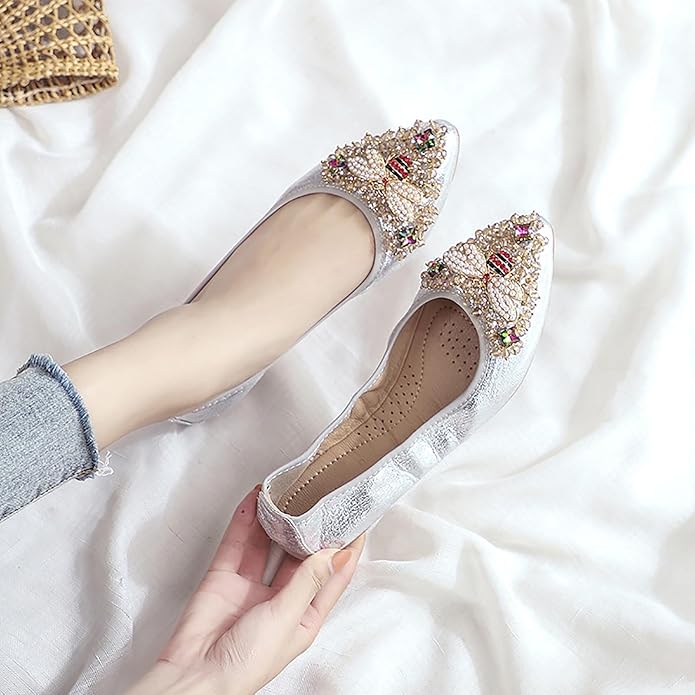 Women Ballet Flats Sparkly Rhinestone Wedding Ballerina Shoes Pointed Toe Foldable Comfort Slip on Flat Dress Shoes