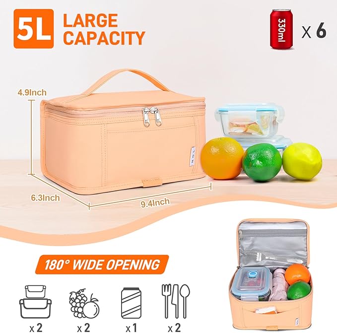 NOL Natural Organic Lifestyle Small Lunch Bag Mini Lunch Box Insulated Lunch Bag for Men/Women Leakproof Cooler Tote Bag Lightweight Nylon Waterproof Lunch Box For Work, Orange-1