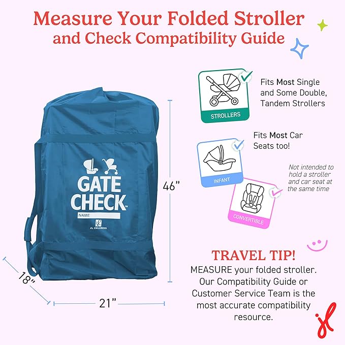 J.L. Childress Gate Check Bag for Single & Some Double Strollers - Travel Bag for Airplane, Fits Most Standard Baby Strollers, Airport Accessories Gate Check, Flying Essentials - Deluxe, Blue