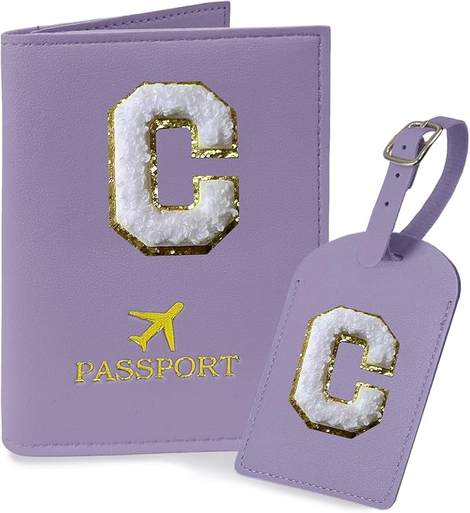 COSHAYSOO Purple Passport Cover Holder and Initial Luggage Tag Set TSA Approved with Personalized Monogram Chenille Letter Patch for Women Teen Girls Couples, Preppy Travel Bag Suitcase Identifier (C)
