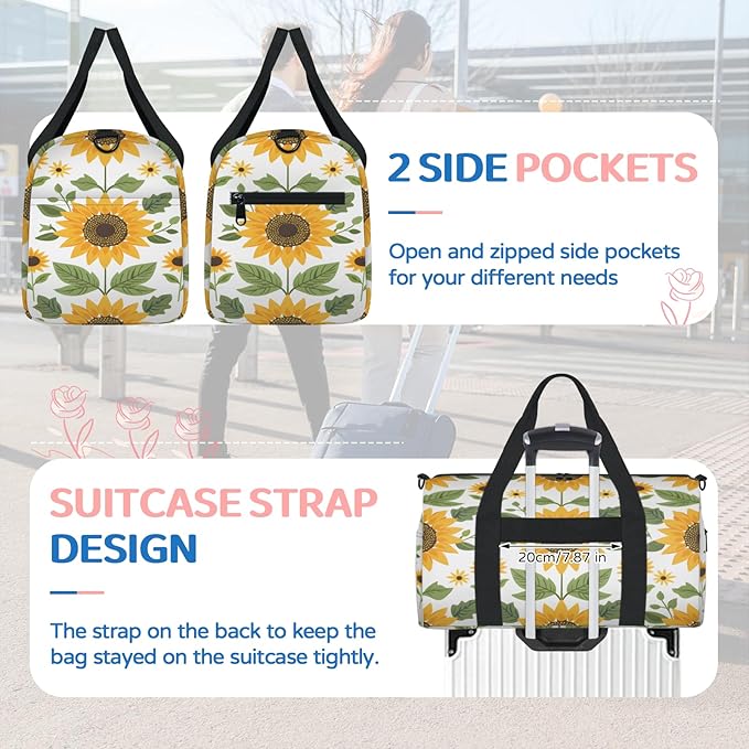 Rustic Botanical Sunflower Travel Duffle Bag for Women Men, Overnight Weekender Bag, Carry on Tote for Sport Gym