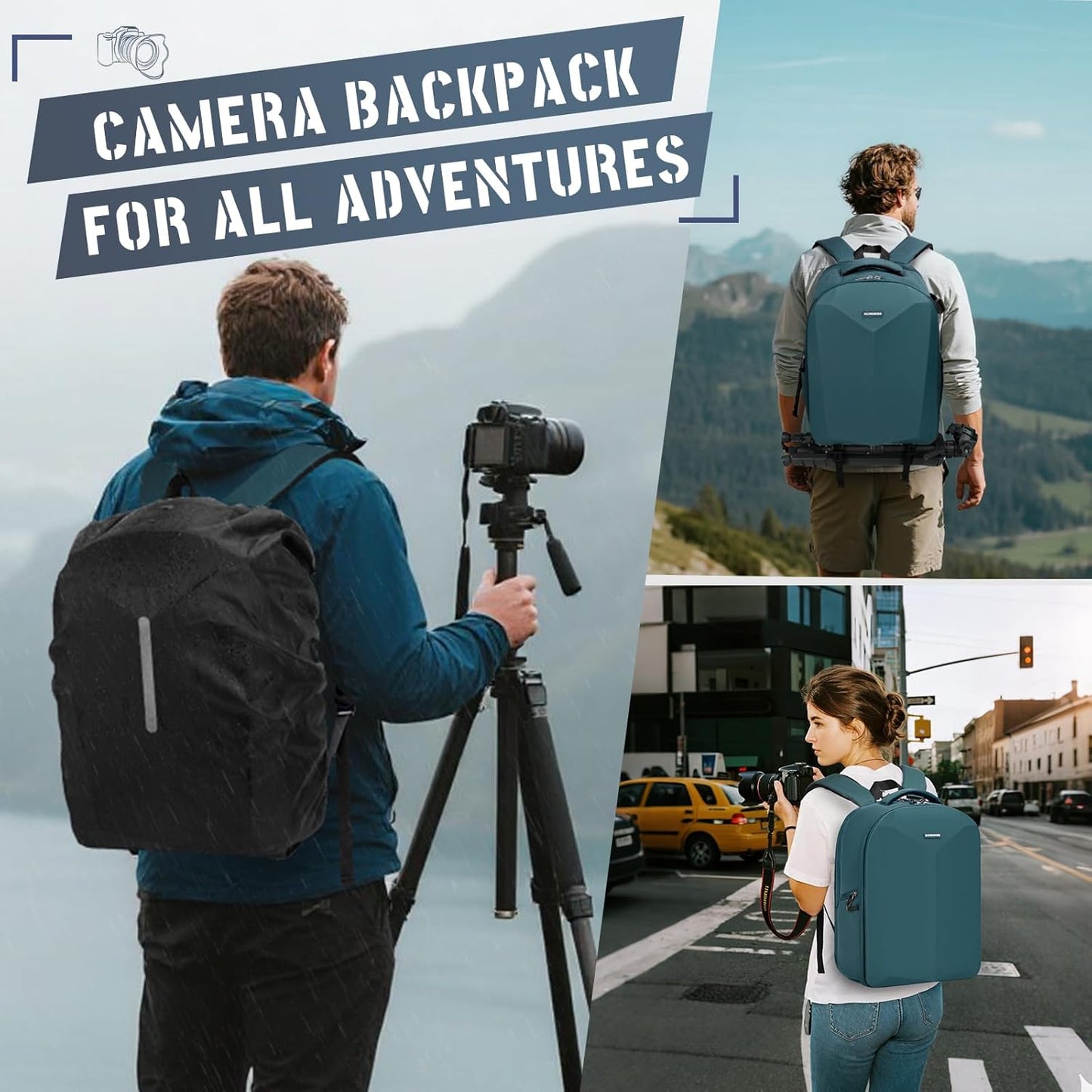 RAINSMORE Camera Backpack Hard Shell for DSLR/SLR Waterproof Camera Bag with Laptop Compartment 15.6 Inch Professional Camera Case with Rain Cover Photography Backpack Bag with Camera Lens Case Green