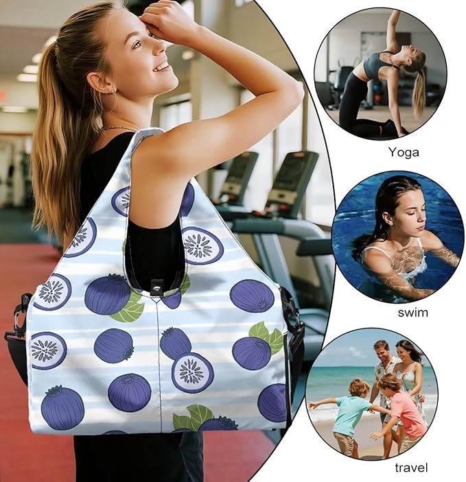 Blueberry Print Womens Gym Bag with Yoga Mat Holder and Shoe Compartment, Waterproof Portable Blue Sport Tote Bag for Women with Spacious Wet Pockets Gym Bag for Daily Use