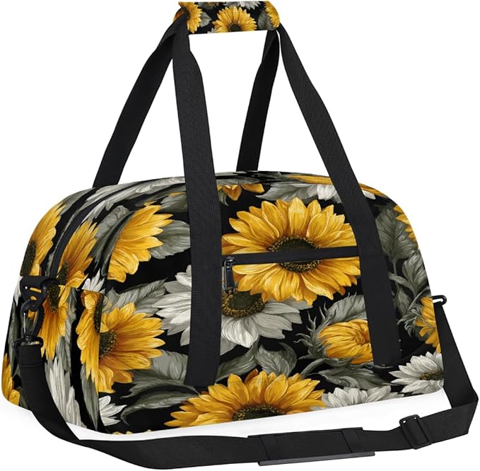 Kids Duffle Bag Girls Boys Yellow Gray Sunflowers Art Weekender Overnight Bag,Lightweight Duffel Bags for Traveling Gym Sport Dance