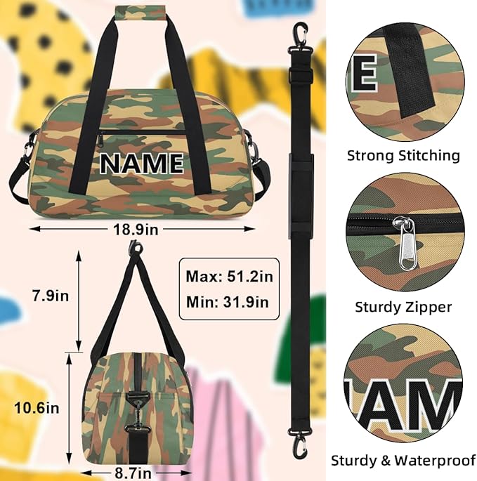 Camouflage Mini Gym Bag 18 inch for Women Men Waterproof Custom Green Camouflage Travel Duffel Bag Carry On Overnight Tote Nurse Bag for Work Fitness Hiking