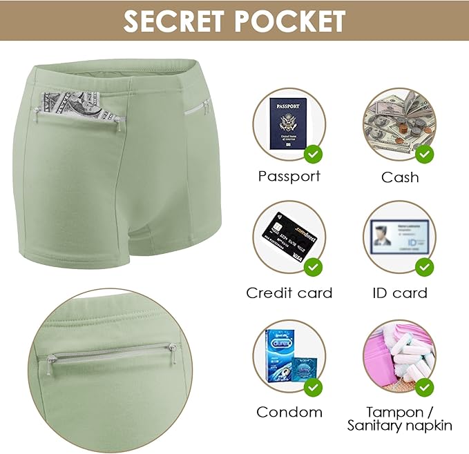 Women's Underwear with Secret Pocket Panties, 2 Packs Anti Pickpocket Travel Boxers (Mint Green)