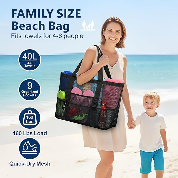 F-color Mesh Beach Bag Family - Large Tote Bag for Cruise Pool Toys Beach Vacation Essentials