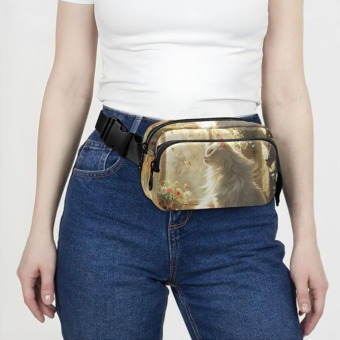 White Cat Sits by Flower Window Fanny Pack for Women Men Water Resistant Fashion Waist Packs with Adjustable Strap Belt Bag for Travel Workout Jogging Hiking 21220535