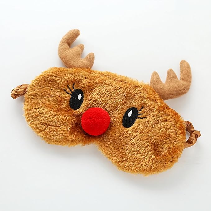 Cute Reindeer Plush Sleep Mask - Soft Fluffy Eye Cover Blindfold for Kids, Girls and Adults - Brown