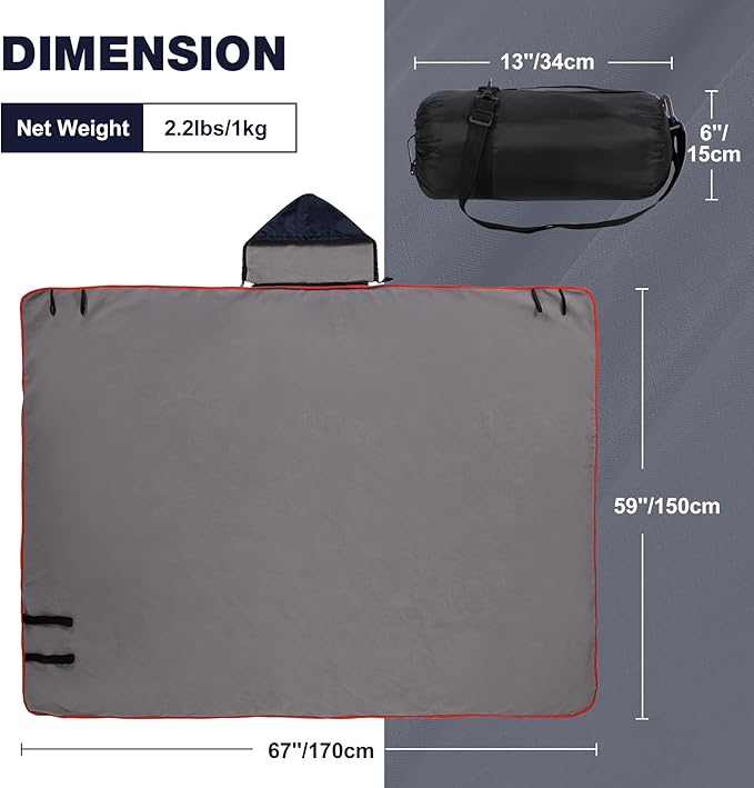 REDCAMP Hooded Stadium Blanket Waterproof Windproof for Cold Weather, Soft Warm Fleece Outdoor Blanket Portable for Camping Sports Picnic, Dark Blue