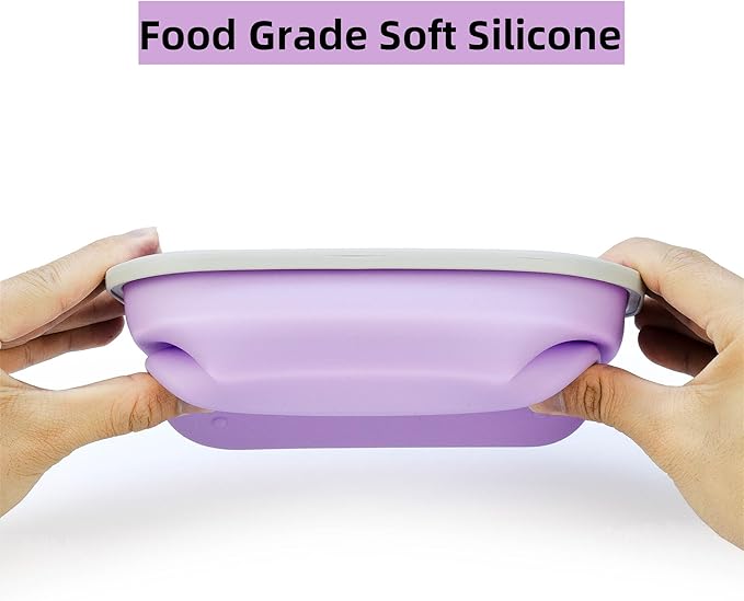 Collapsible Silicone Lunch Box with Lid and Spork, Leakproof Foldable Bento Box for Meal Prep, Travel, Camping, Microwave and Dishwasher Safe, 8.1 x 5.1 x 2.8 inches, Purple