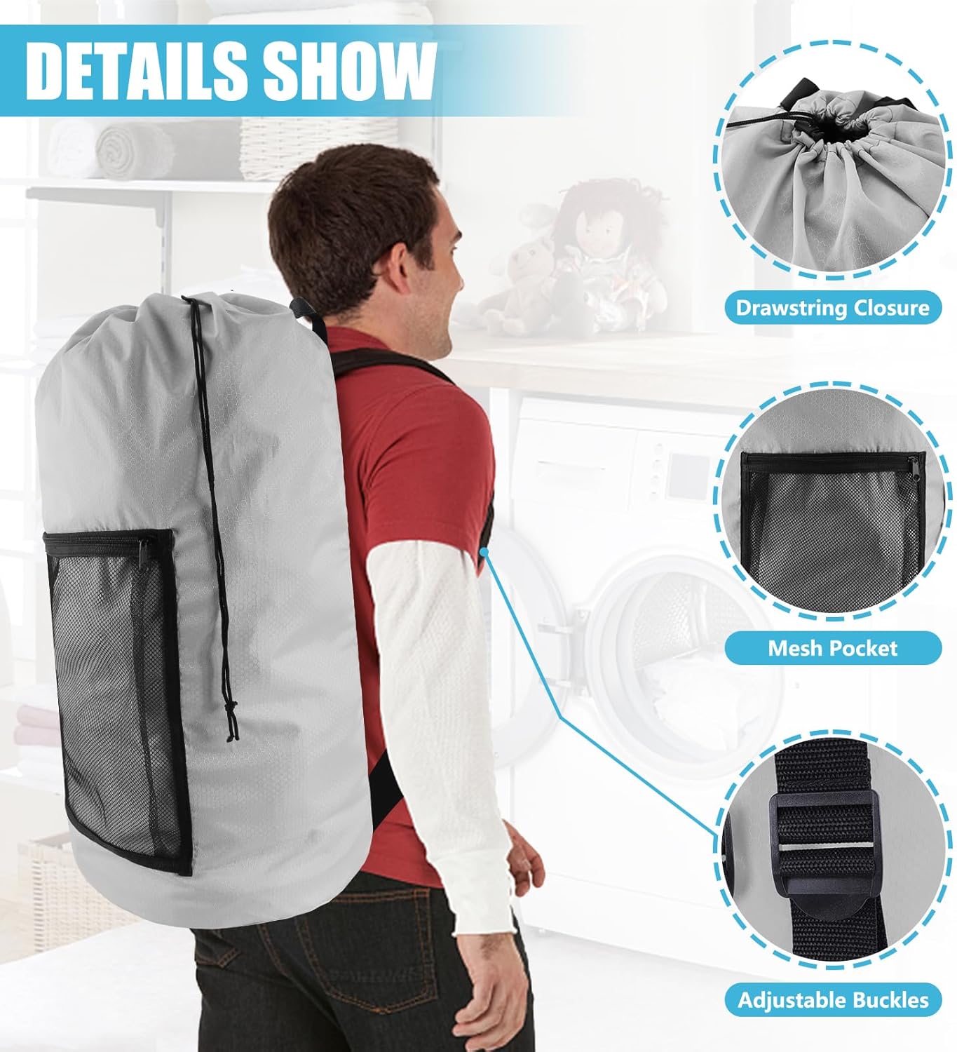 Laundry Bag Backpack, Extra Large Travel Laundry Bag with Mesh Pocket & Adjustable Shoulder Straps,Dirty Clothes Travel Bag for College Students Dorm,Apartment(Light Gray)