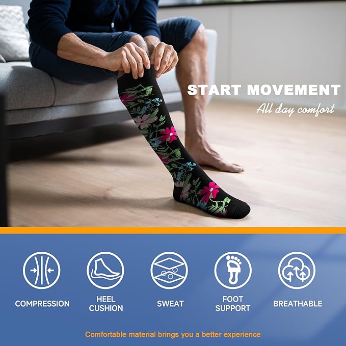 bropite Flora Compression Socks for Women & Men-Knee high 6 Pairs 20-30mmhg Support Running Nurse Travel