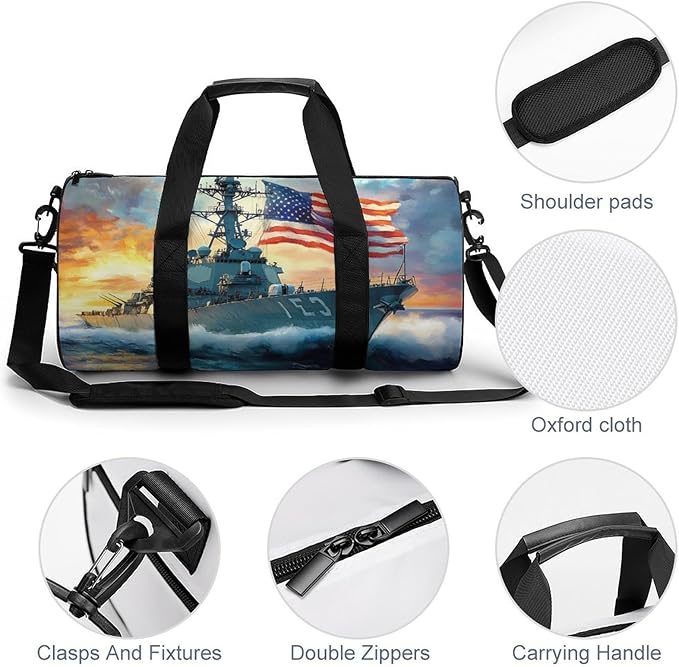 U.S Flag Warship Navy Battleship Gym Bag Travel Duffel Bag Lightweight Carry On Bags Weekender Bags for Women Men