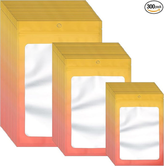 300 Pcs Gradient Mylar Bags, 3 Size Smell Proof Bags with Clear Window Foil Pouch Bags Resealable Bags for Small Business and Food Storage, Yellow Orange