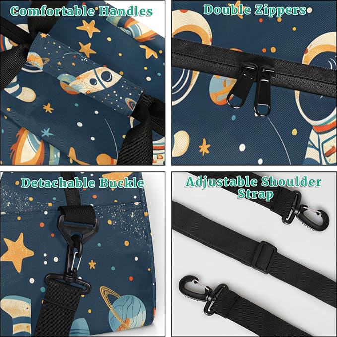 Rocket Astronaut Gym Travel Duffle Bag for Women & Men with Front Zipper Pocket for Sports, Overnight, Weekender, Carry On,Workout & Dance Bag,Cute Space,18.9 * 8.7 * 10.6 in