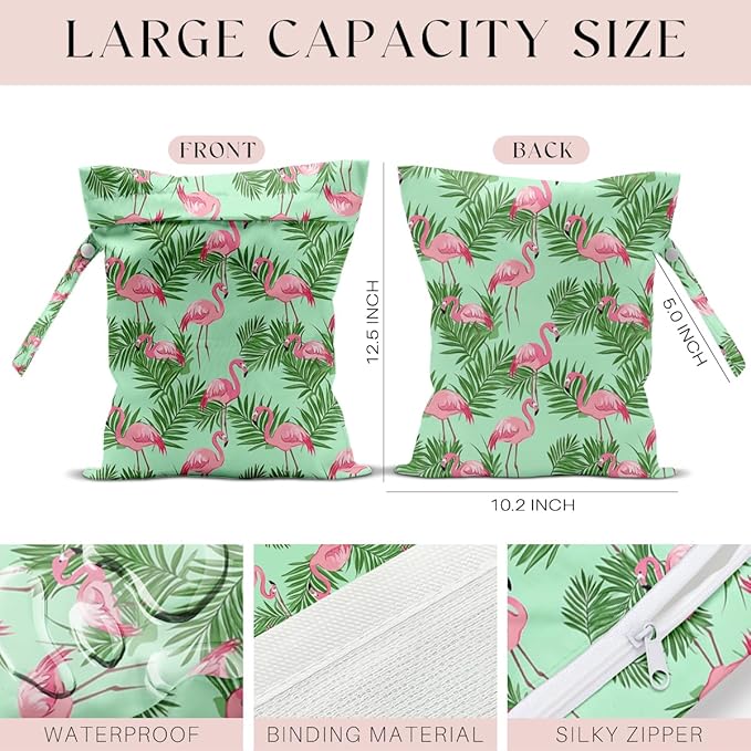 Wet Dry Bag Waterproof Reusable Palm Leaf Flamingo Wet Bag for Swimsuit, Travel, Beach, Pool, Diapers, Dirty Yoga Gym Clothes Toiletries Daycare Organizer