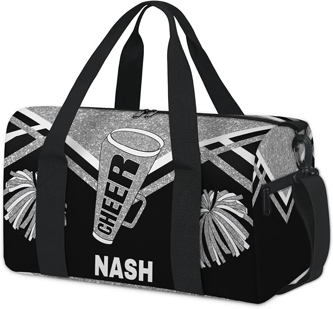 Custom Name Overnight Duffel Cheerleaders Bag, Personalized Sport Gym Travel Weekender Bags, Small, 17.91" x 8.07" x 9.65", Silver Black Glitters Cheer Team