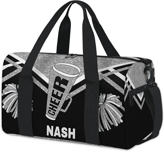 Custom Name Overnight Duffel Cheerleaders Bag, Personalized Sport Gym Travel Weekender Bags, Small, 17.91" x 8.07" x 9.65", Silver Black Glitters Cheer Team