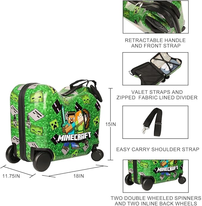 Bioworld Minecraft Steve & Alex Green 15" Ride-On Luggage
