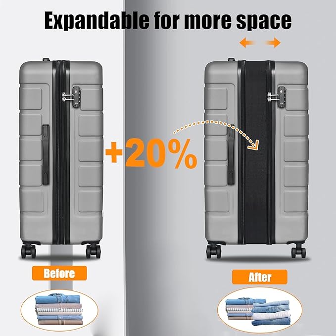 3-Piece Hardshell Luggage Set, Lightweight Expandable Suitcase with TSA Lock and Double Spinner Wheels, 20% Expansion for Extra Packing, Carry-On and Checked Bags, Silver