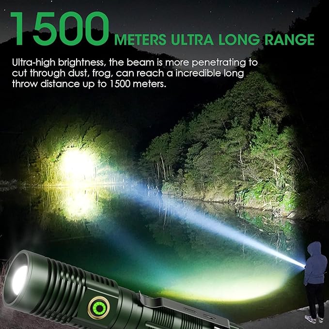 Rechargeable Flashlight High Lumens, High Lumens Super Bright Magnetic Flash Light, Long-Range Zoomable LED Flashlights for Emergency, Waterproof Flashlight Dimmable, Green,1PC