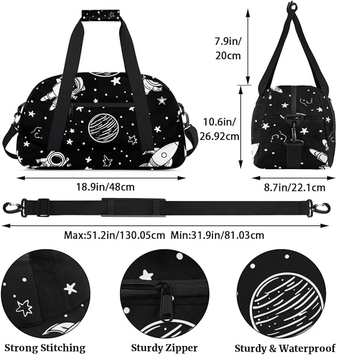 Cartoon Space Gym Travel Duffle Bag for Women & Men with Front Zipper Pocket for Sports, Overnight, Weekender, Carry On,Workout & Dance Bag,Black,18.9 * 8.7 * 10.6 in