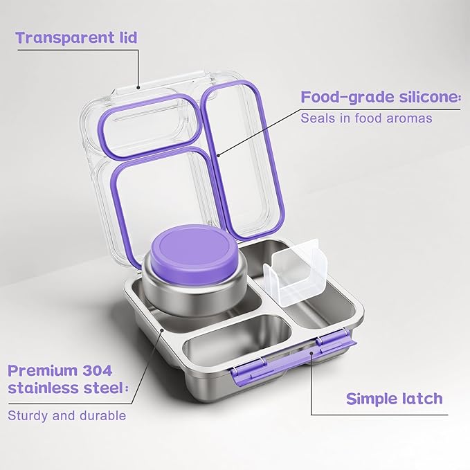 Stainless Steel Bento Box Kids Adult with 7oz Insulated Food Jar, Transparent Lid Metal Lunch Box With Soup Thermal Jar, Lunch Box Container with Removable Divider & Sauce Cup School (Purple)