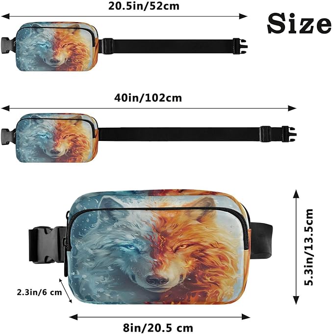 Fire Ice Wolf Fanny Pack for Women Men Water Resistant Fashion Waist Packs with Adjustable Strap Belt Bag for Travel Workout Jogging Hiking 21220210
